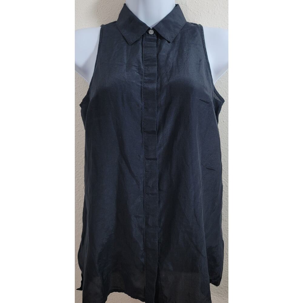 Ann Taylor Black Hidden Button Up Sleeveless Top 2 Lightweight Soft Hi Low Hem